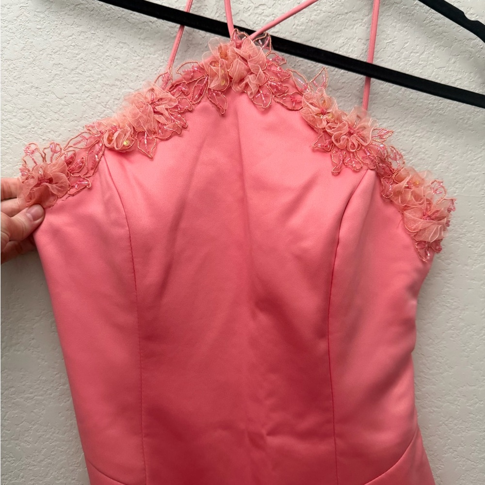 VTG 90s Y2K Dollar USA Coral Pink Satin Gown 3D Floral Beaded Halter Dress XS - Picture 12 of 15
